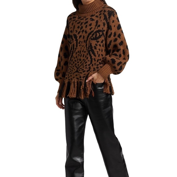 NWT FARM Rio Caramel Leopard Turtleneck Wool Sweater Knit Fleece Pullover XS - Picture 2 of 15